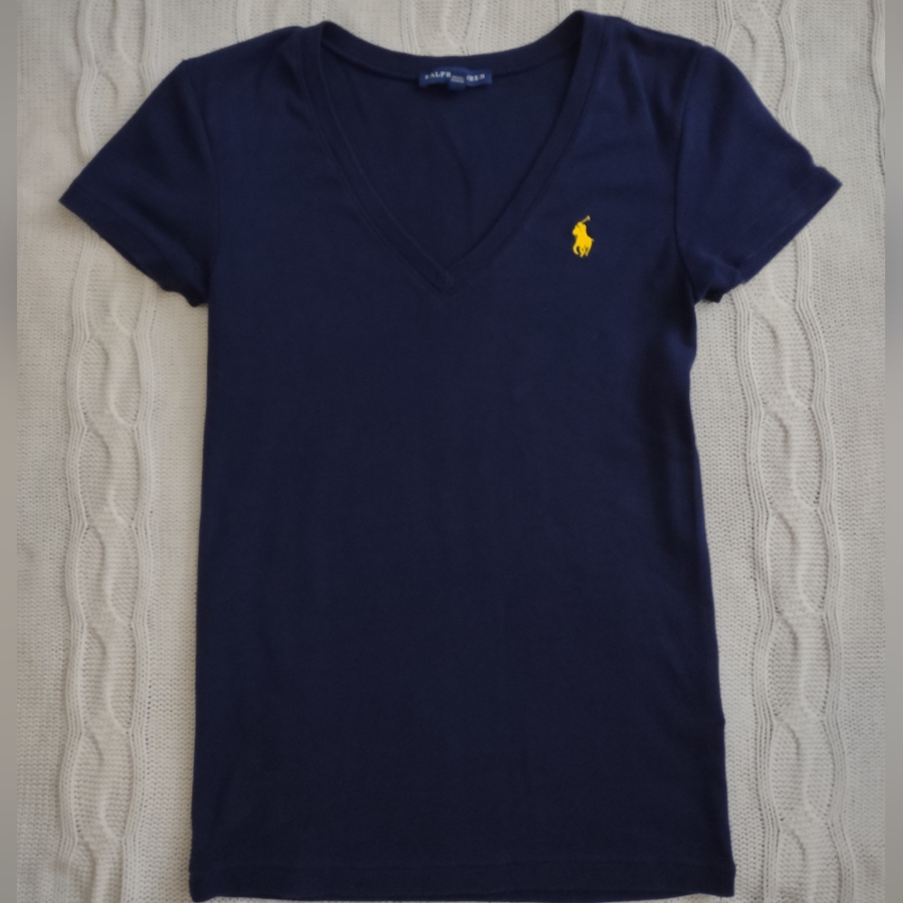Classic Ralph Lauren V-Neck Slim Fit Navy Tee Sz. M
